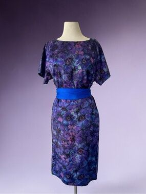 Vtg 60s Purple Blue Floral Dress XL Midi Handmade 50s Retro Rockabilly